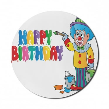 Birthday Mouse Pad for Computers, Happy Clown for Party with Colorful Painting Drawing Style Buckets in Print, Round Non-Slip Thick Rubber Modern Gaming Mousepad, 8" Round, Multicolor, by Ambesonne