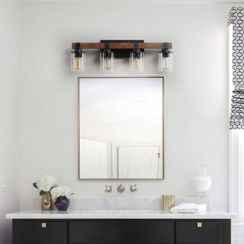 Hi-LIGHTS,4-Lights Farmhouse Rustic Bathroom Light Fixture with Glass Lampshade(Bulbs Not Included),Vanity Lights Fixture for Bathroom,Dressing Room,Bedroom,Living Room(Black)