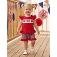 thumbnail image 5 of BemeyourBBs Toddler Baby Girls 4th of July Outfit Patriot Independent Day Clothes Fly Sleeve Embroidery American Flag Bow T Shirt Tops with Plaid Shorts Set Toddler Baby Girl Summer Outfit, 5 of 9