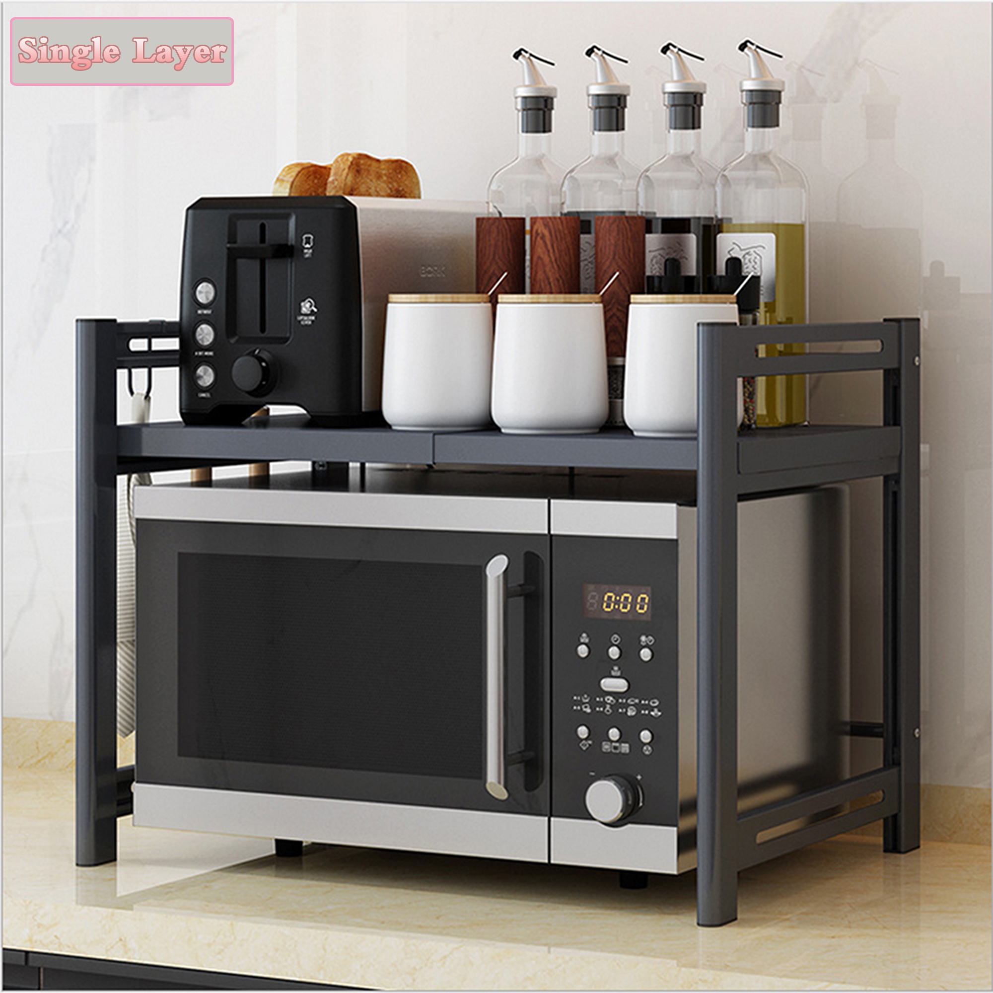 Single Layer Stainless Steel Kitchen Home Microwave Oven Rack Organizer Storage Shelf Retractable Horizontal Extendable Microwave Shelf, Stand Kitchen ...