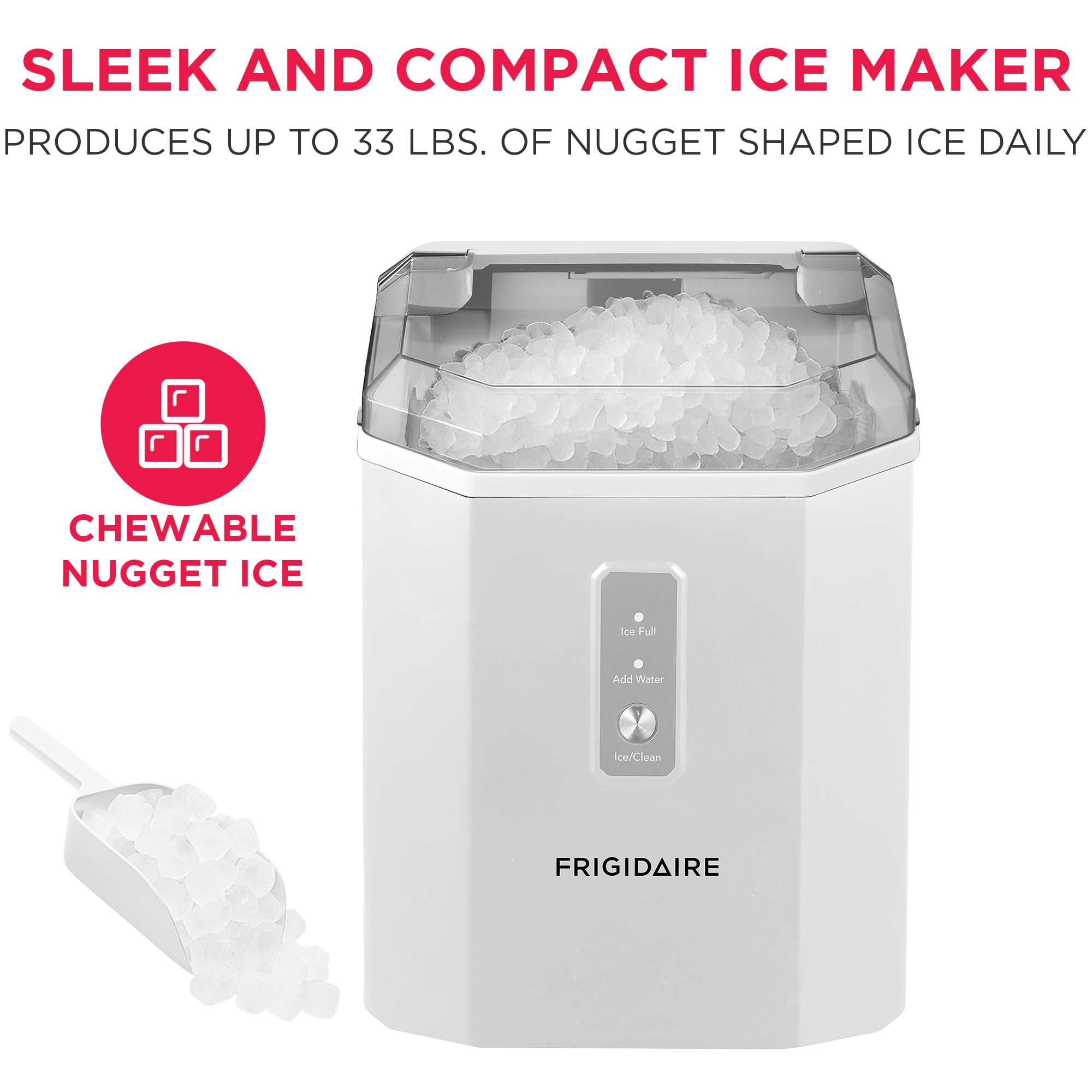 Frigidaire 33lb Countertop Nugget Pellet Ice Maker Self-Cleaning, White, for Home, Kitchen, Office, Bar