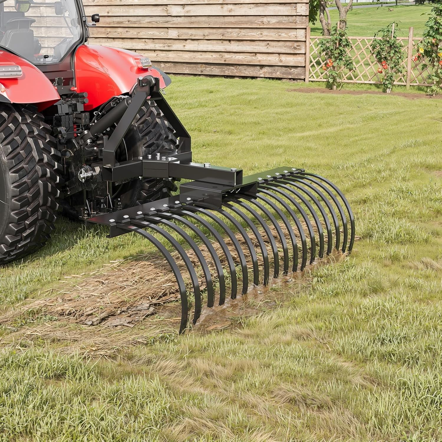 Acekid 50 Inch Landscape Rake for Tractor - 3-Point Tow Behind Dethatcher with 18 Steel Tines, Black