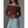 thumbnail image 2 of Faithtur Women's Spring Autumn Knit Tops Solid Color Long Sleeve Off Shoulder Slim Knitwear, 2 of 6