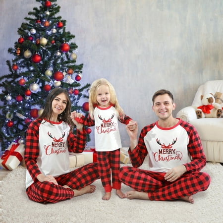 

BULLPIANO Christmas Family Matching Pajamas Set Mom Dad Kids Parent-Child Plaid Xmas Pjs Sleepwear Loungewear