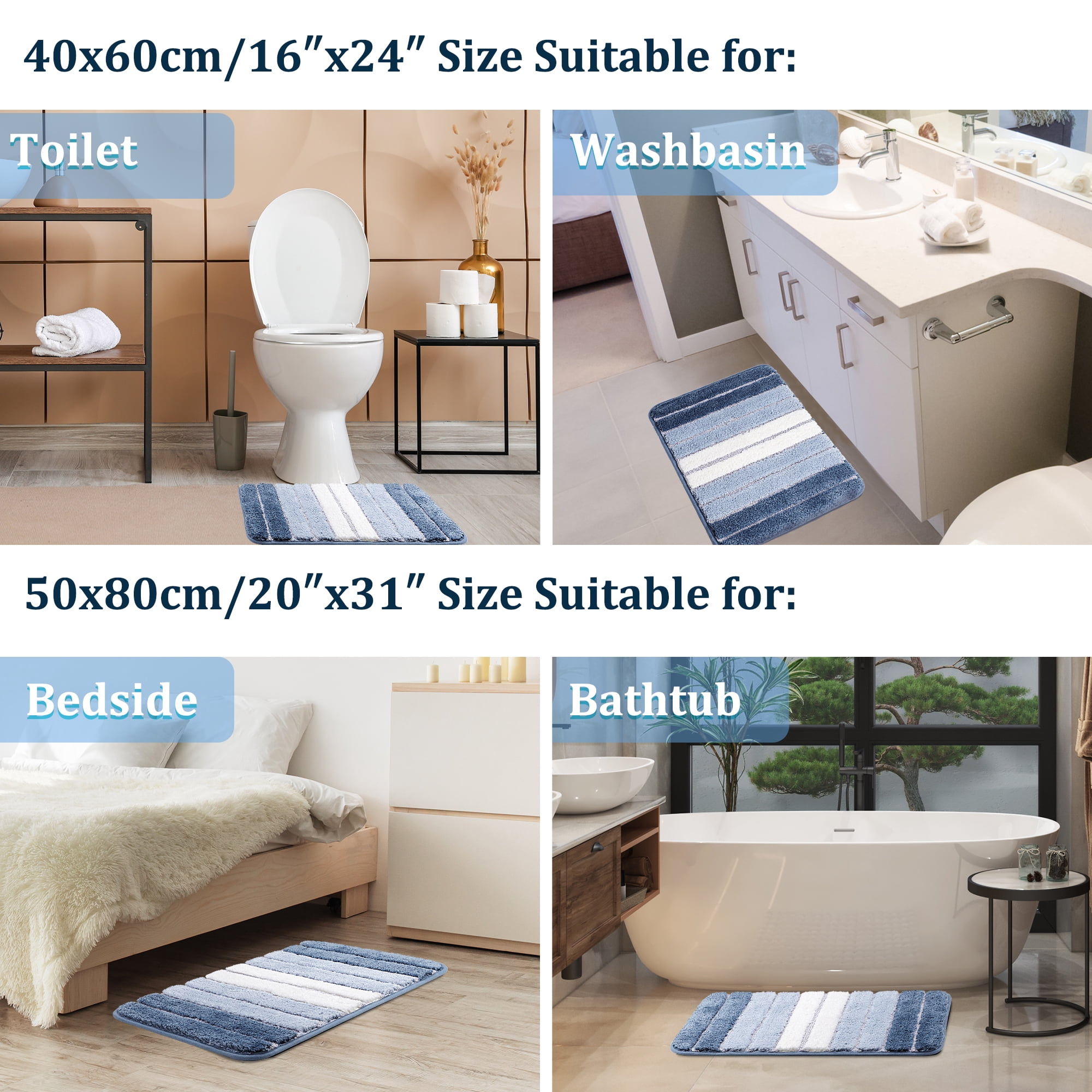PiccoCasa Microfiber Striped Bathroom Rugs Non Slip Soft Blue 20"x31"