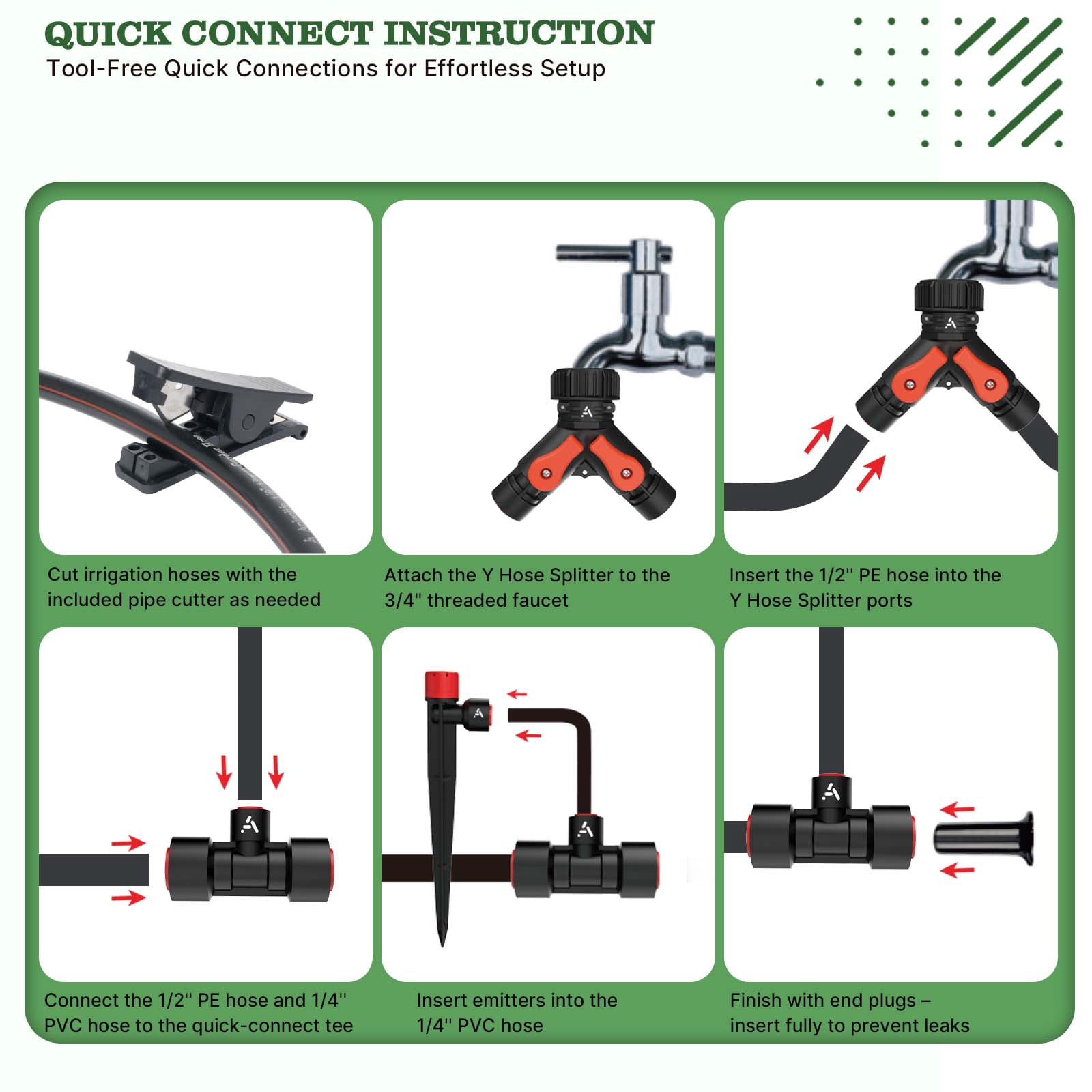 100FT Drip Irrigation System Kit, Quick-Connect Garden Watering System with 1/2” & 1/4” Tubing, Y Splitter, 22 Adjustable Emitters & Nozzles for Garden Beds, Greenhouse, Yard