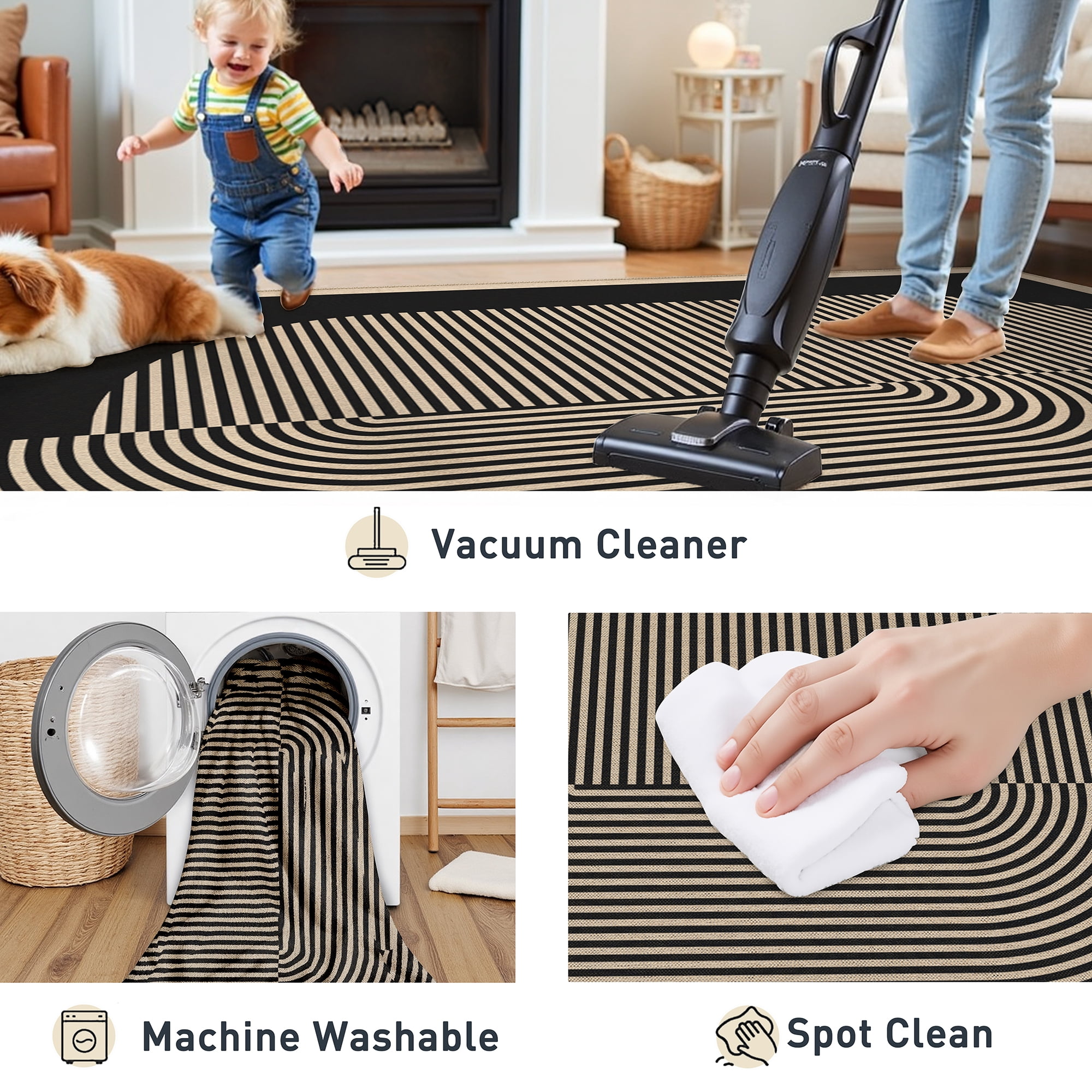 BERTHMEER 8'x10' Large Easy Jute Area Rugs for Living Room, Washable Outdoor Patio Rugs Indoor Outdoor Carpet for Farmhouse Neutral Geometric Non Slip Black Rugs for Bedroom Dining Room