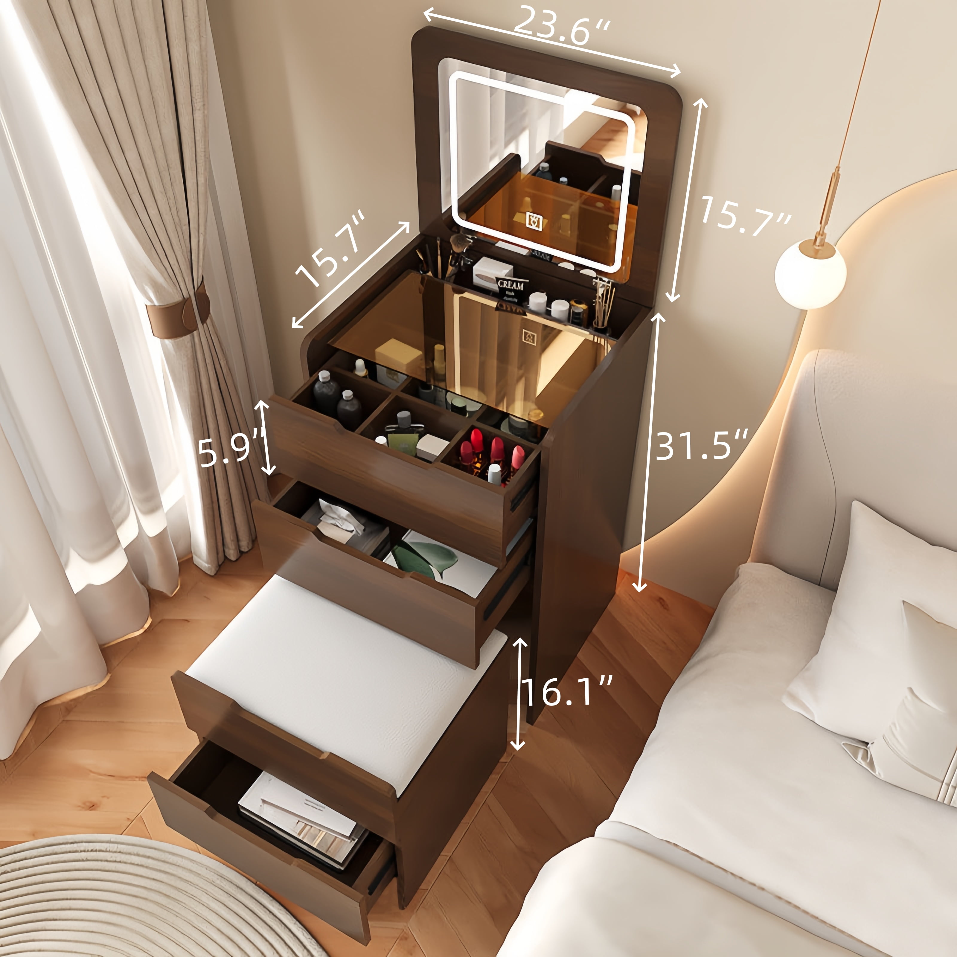 3 in 1 Vanity Desk, Flip Top Lighted Mirror Makeup Vanity with Visible Glass Desktop, 3 Drawers & Cushioned Stool, Compact Dressing Table for Bedroom