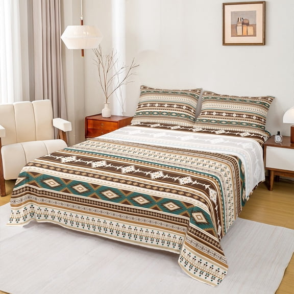 Homewish Ancient Bohemain Aztec Twin Sheet Sets,Rustic Western Tribal Twin Fitted Sheet,Brown Beige Flat Sheet For Kids,Luxury Bedroom Decor,3-Piece