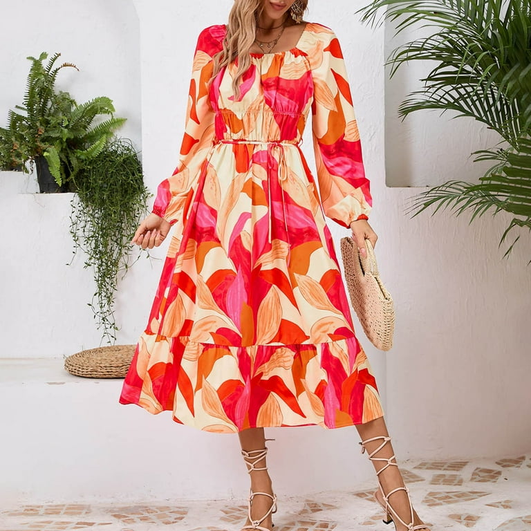 Zshosam Casual Dresses for Women Semi Formal Fit and Flare Dresses A-line Work Dresses(Orange,XL)
