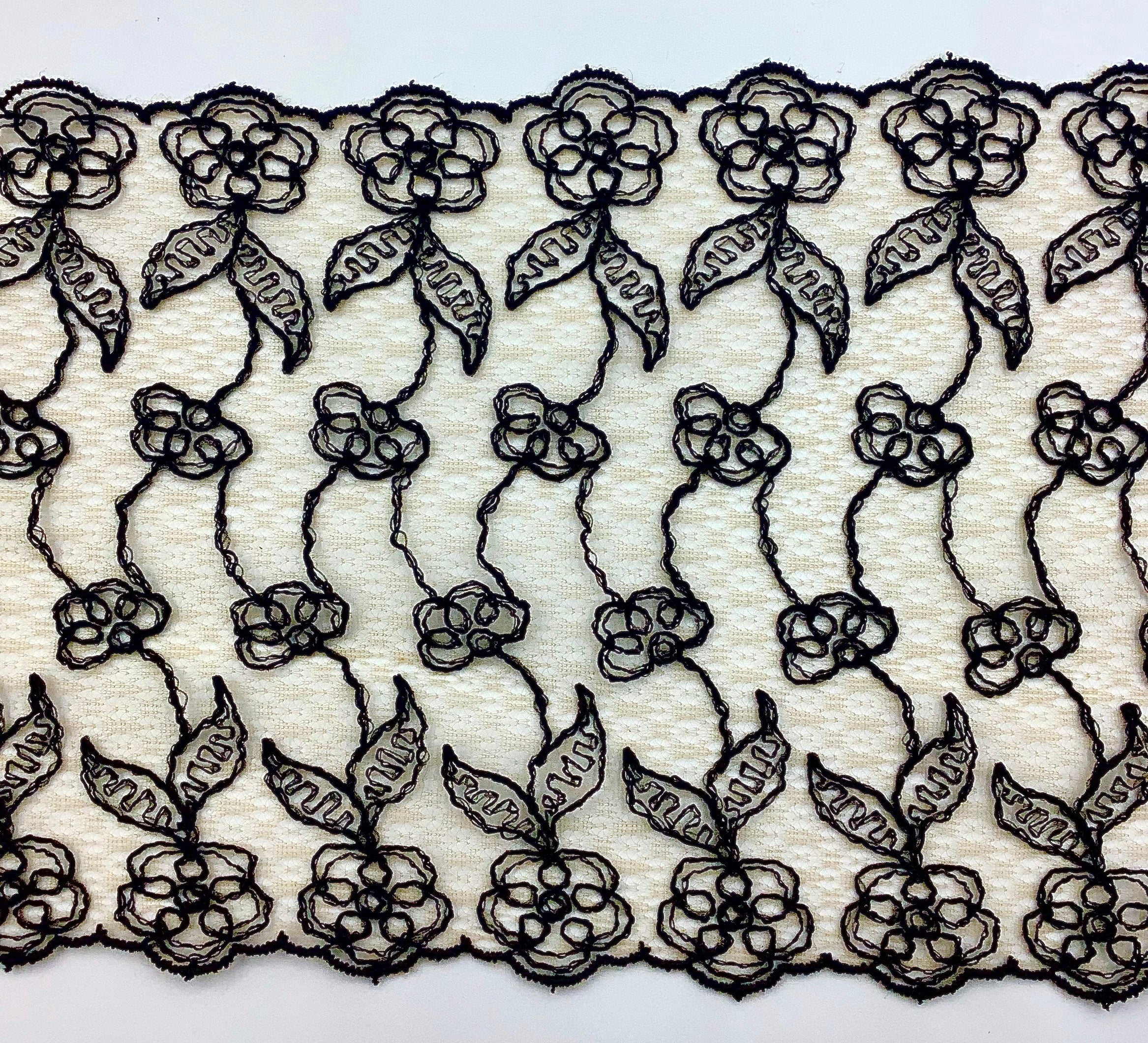 Black 5-1/2" Flowery Embroidered Galloon over Ultra Fine Natural Lace Knitting