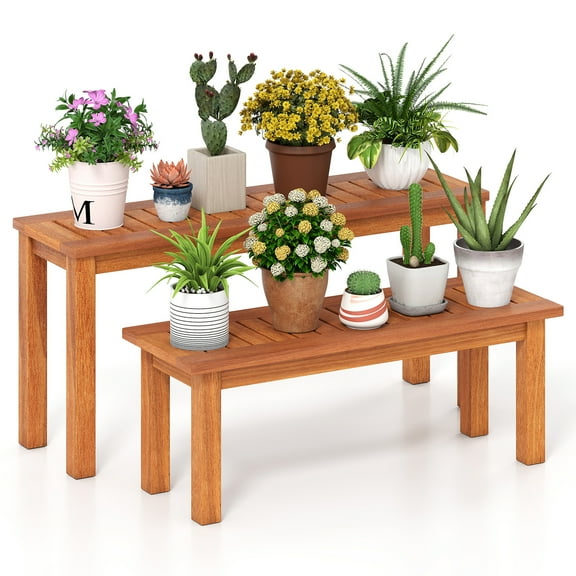 Gymax Wooden Plant Stand Set of 2 w/ Teak Oil Finish Slatted Top Rustic Plant Rack