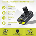 thumbnail image 6 of 18V P102 Replacement for Ryobi 18V 3.6Ah Lithium Ion Battery P108 P103 P105 P107 P109 P104 Compatible with Ryobi 18-Volt Plus Power Tools, 6 of 9