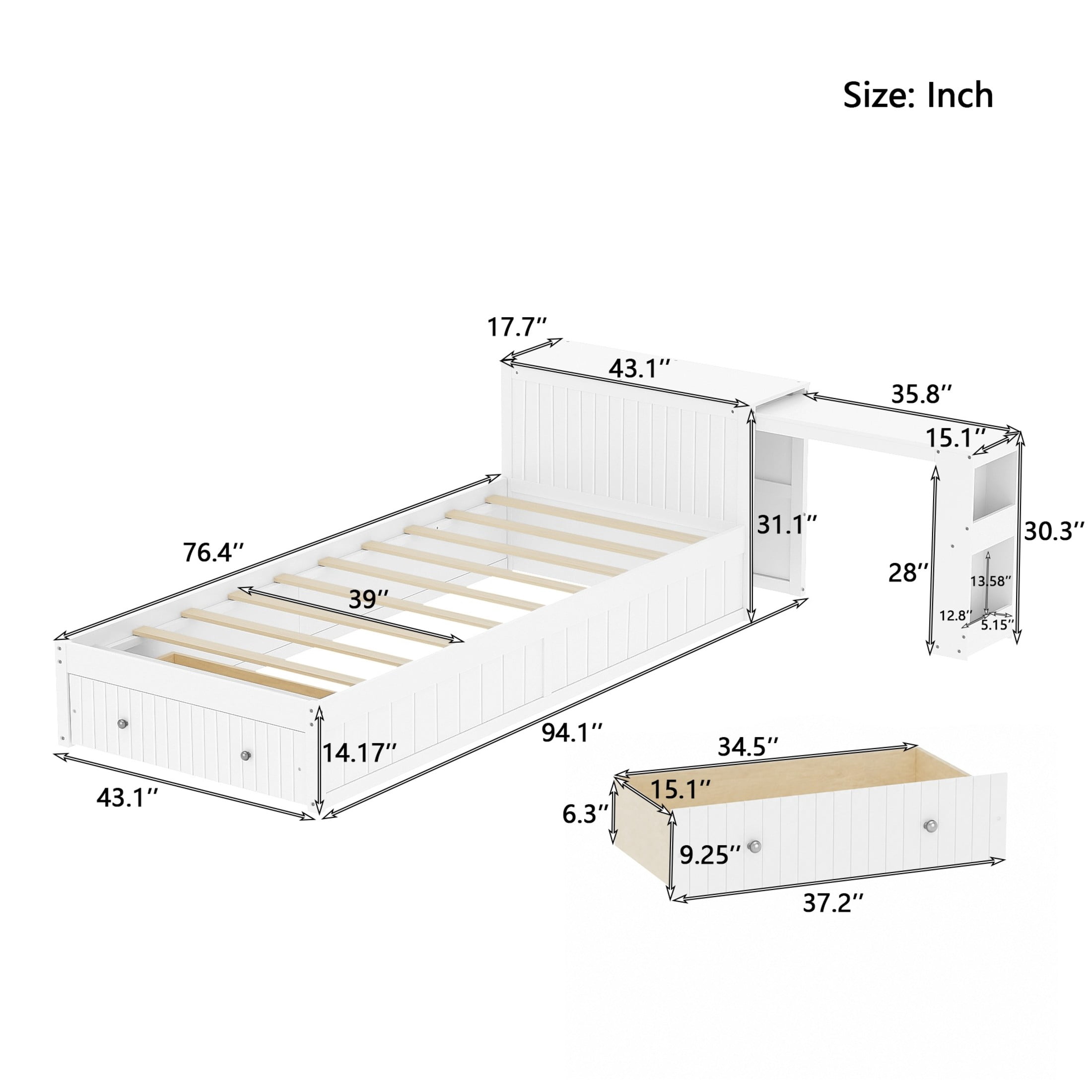 Noble House Oaklin Twin Modern Platform Bed with Integrated Desk & Storage Drawers, Space-Saving Furniture, White