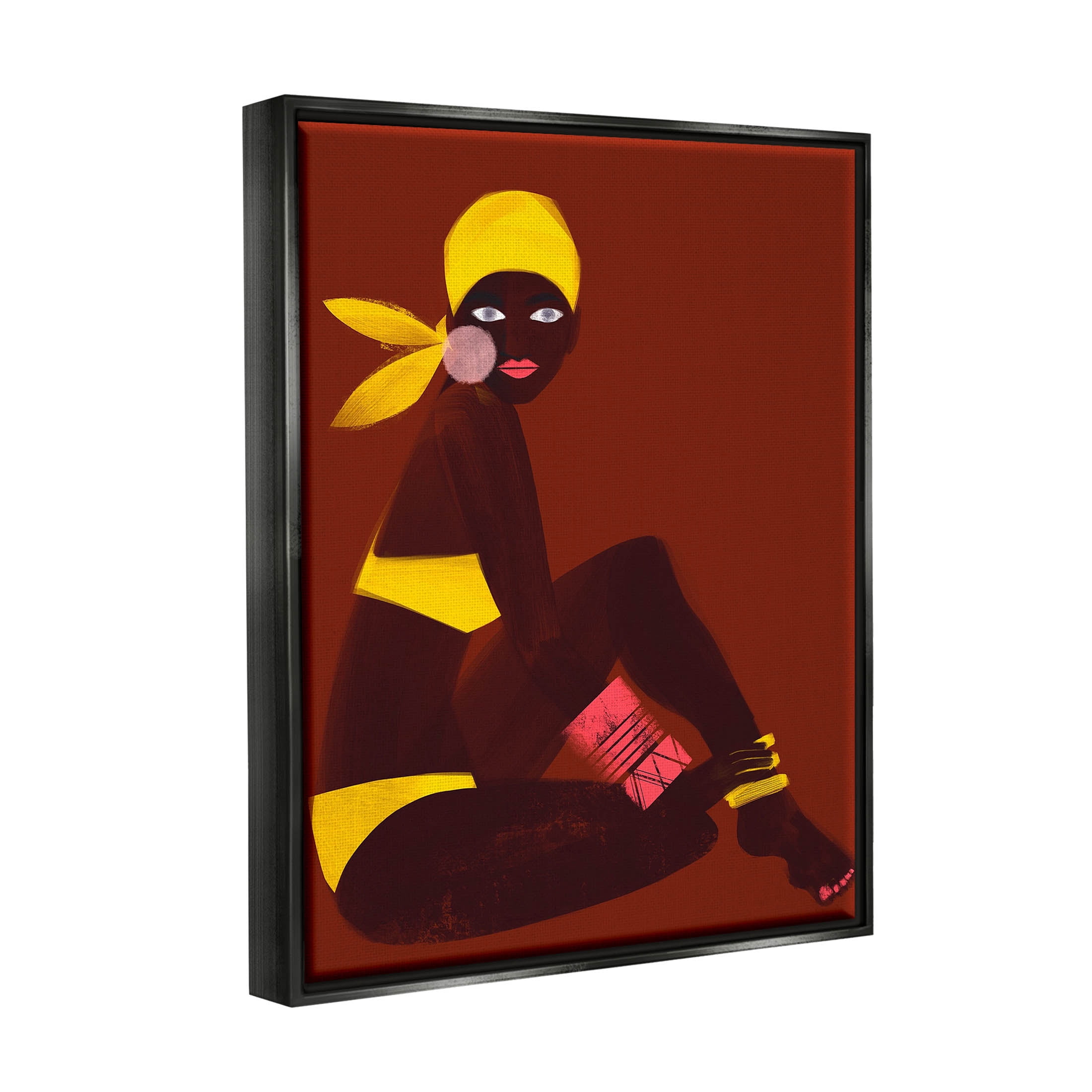 Woman Sitting Yellow Swimsuit Abstract Graphic Art Jet Black Framed Art Print Wall Art