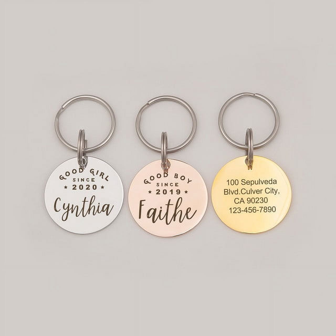 Anavia Stainless Steel Double Sided Round Name - Birth Year & Good Girl Boy Engraved Dog & Cat ID Tag, Rose Gold, L