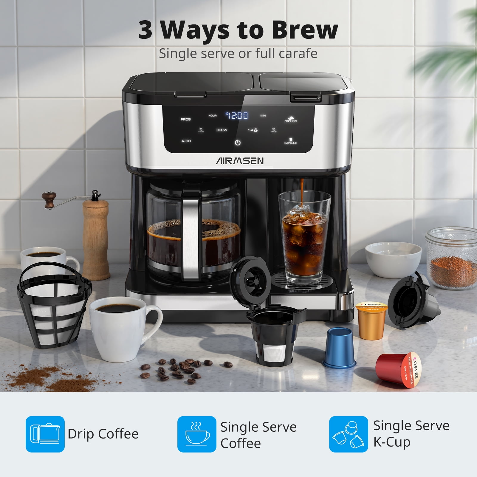 AIRMSEN 12-Cup Drip Coffee Maker with K Cup Combo, Programmable Coffee Machine with 1-4 Cup Setting, Single Serve or Coffee Pot, Auto Shut-off, Spill-Free Spout
