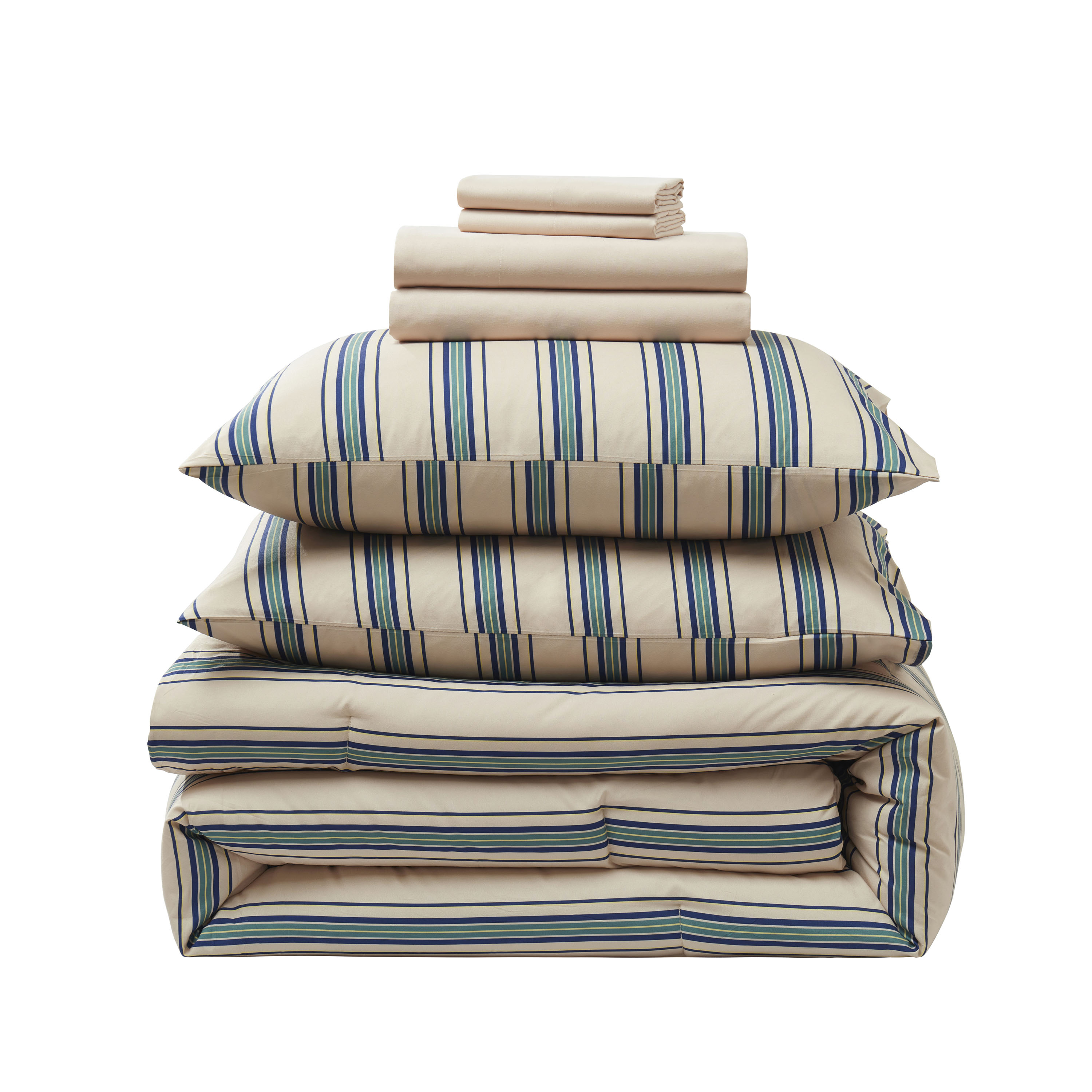 LammaLoe King Size Comforter Sets, 7 Piece Striped Bed in a Bag, Bedding Comforter Set with Sheets, Modern Bed Set, Cream