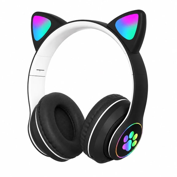LUEYL Cat Ear Bluetooth Headphones for Kids Girls - Wireless Headset w/Mic, 94dB Volume Limit, LED Lights, Foldable, for School/Travel Black