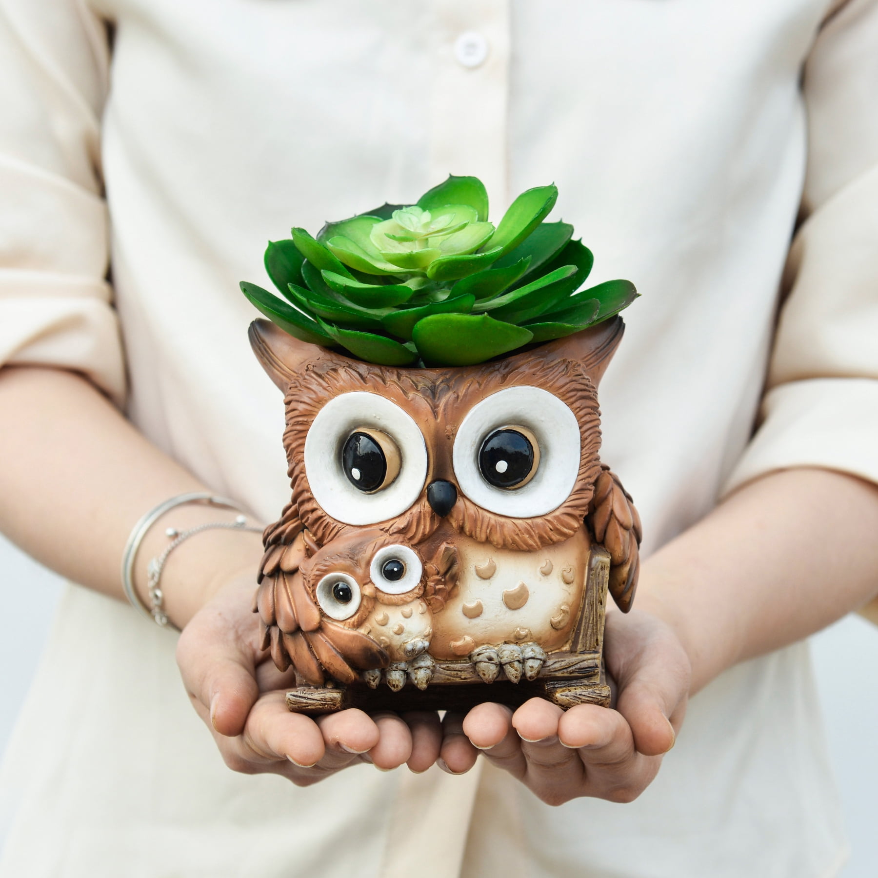 Quoowiit Cute Owl Plant Pots Indoor,Resin Small Succulent Pots with Drainage Hole,Rocking Chair Planters for Outdoor Indoor Plants,Gift Ideas for Mother
