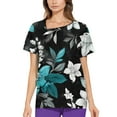 thumbnail image 2 of Black Scrubs Women,Floral Printed Scrub Tops - Cheerful Floral Patterns Short Sleeve Medical Blouse - Blue - L, 2 of 5