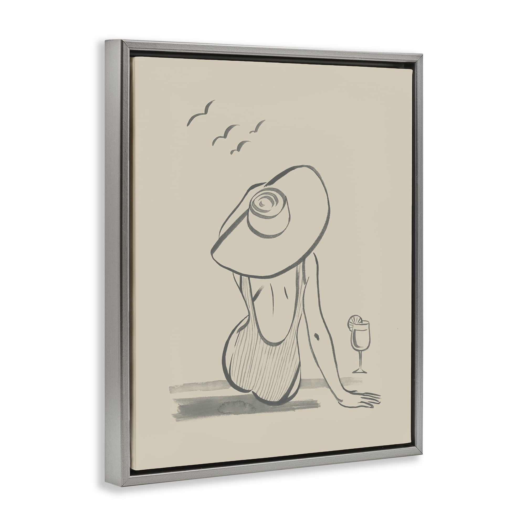 Stupell Industries Beach Day Drawing Novelty Drawing Gray Floater Framed Canvas Art Print Wall Art, 25 x 31