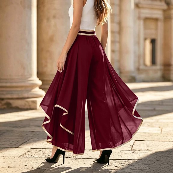 Karymi Wide Leg Pants Woman Chiffon Wide Leg Palazzo Pants, Double Gold Trim High Waist Pleated Flowy Split Layer Trousers, Dance Party Pants With Side Pockets Wide Leg Pants Woman