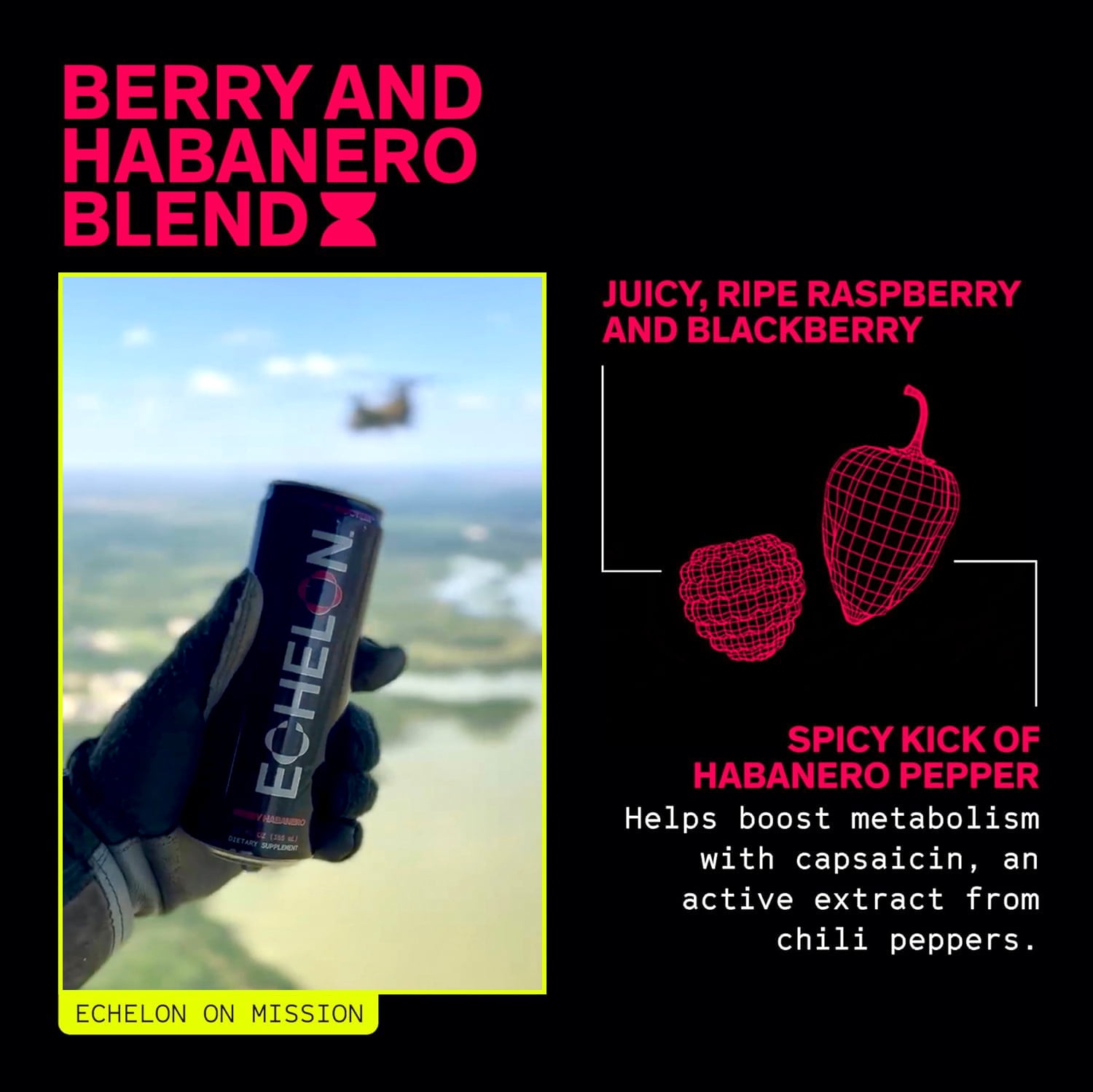 Echelon Energy Drink - 12-Pack Berry Habanero Flavor - Pre-Workout with 300mg Caffeine, L-Theanine, Beta-Alanine - Military Developed