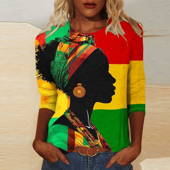 LYEAA Women Afrocentric Print Tops 3/4 Sleeve Round Neck Cotton Shirt Loose Fit Casual Cultural Celebration Black History Outfit Multicolor L