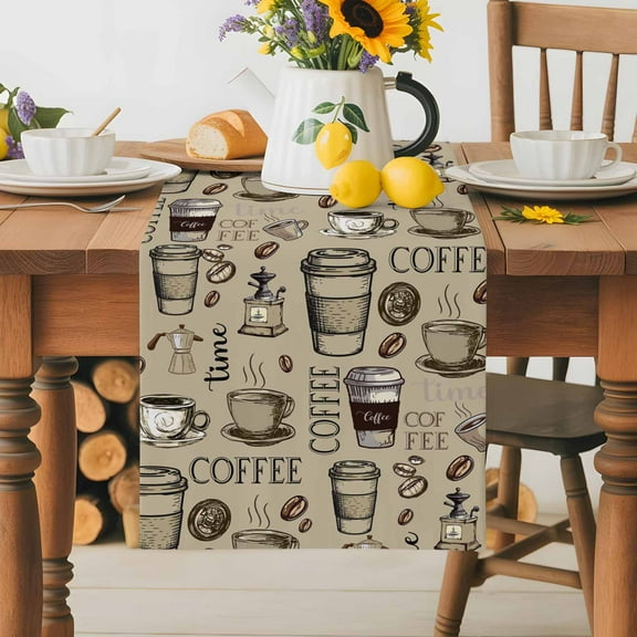 Retro Sketch Coffee Set Bean with Quote Table Runner Dresser Scarf,Kitchen Dining Table Decoration Aromatic Drink on Khaki Linen Table Runners for Home Wedding Indoor Outdoor Party,13x70in
