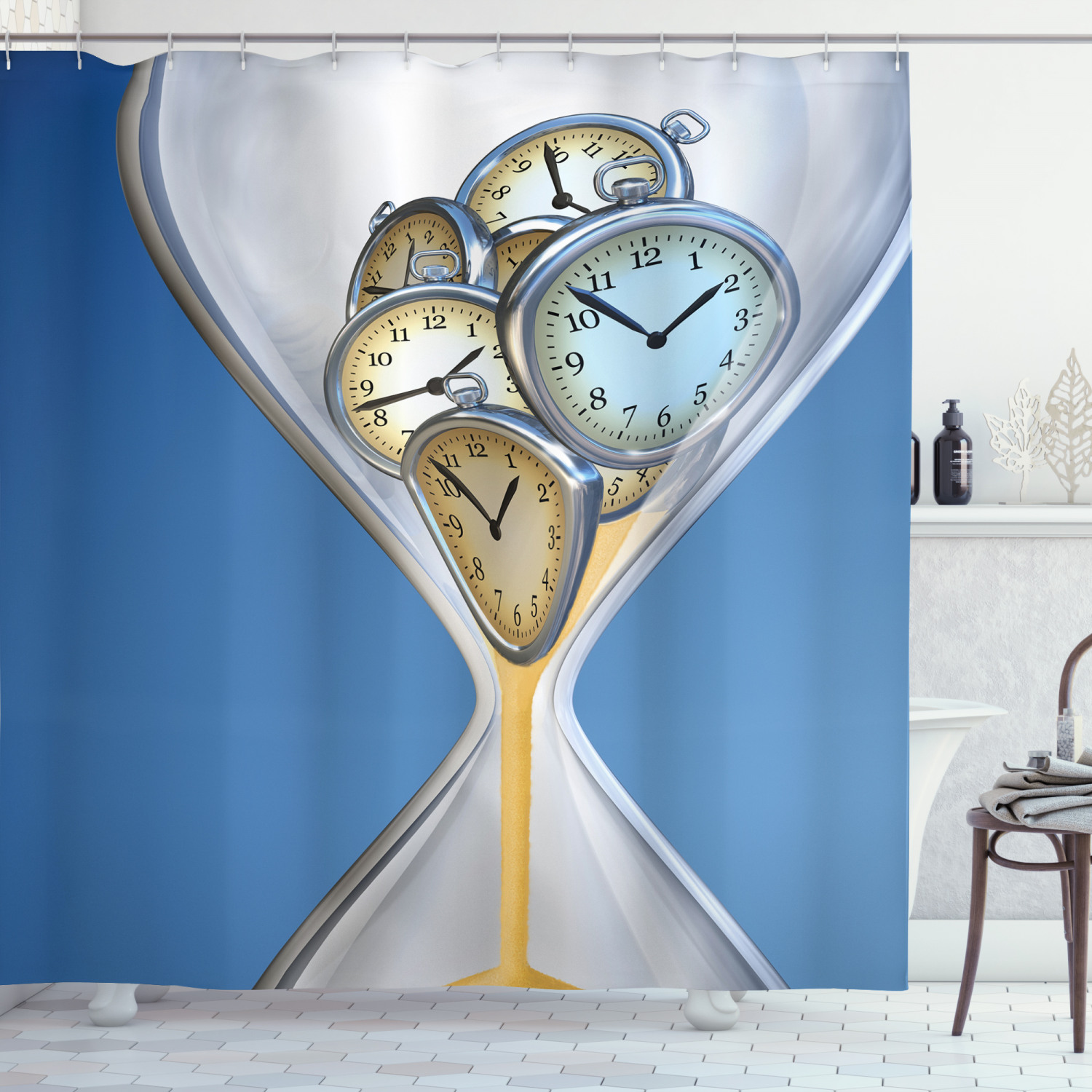 Clock Shower Curtain, Hourglass Time Clocks with Sand Pattern for Home