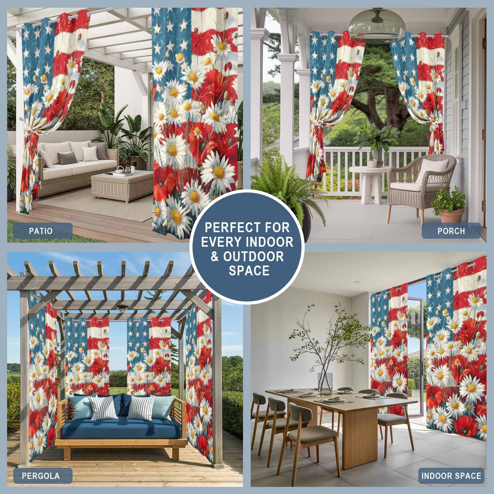 Independence Day Daisy Outdoor Curtains for Patio, Vintage Red Blue Stripe U.S. Flag Flower Leaf Sunshade Privacy Drapes Grommet Waterproof Outside Curtains for Porch/Cabana/Balcony 54"x108", 1 Panel