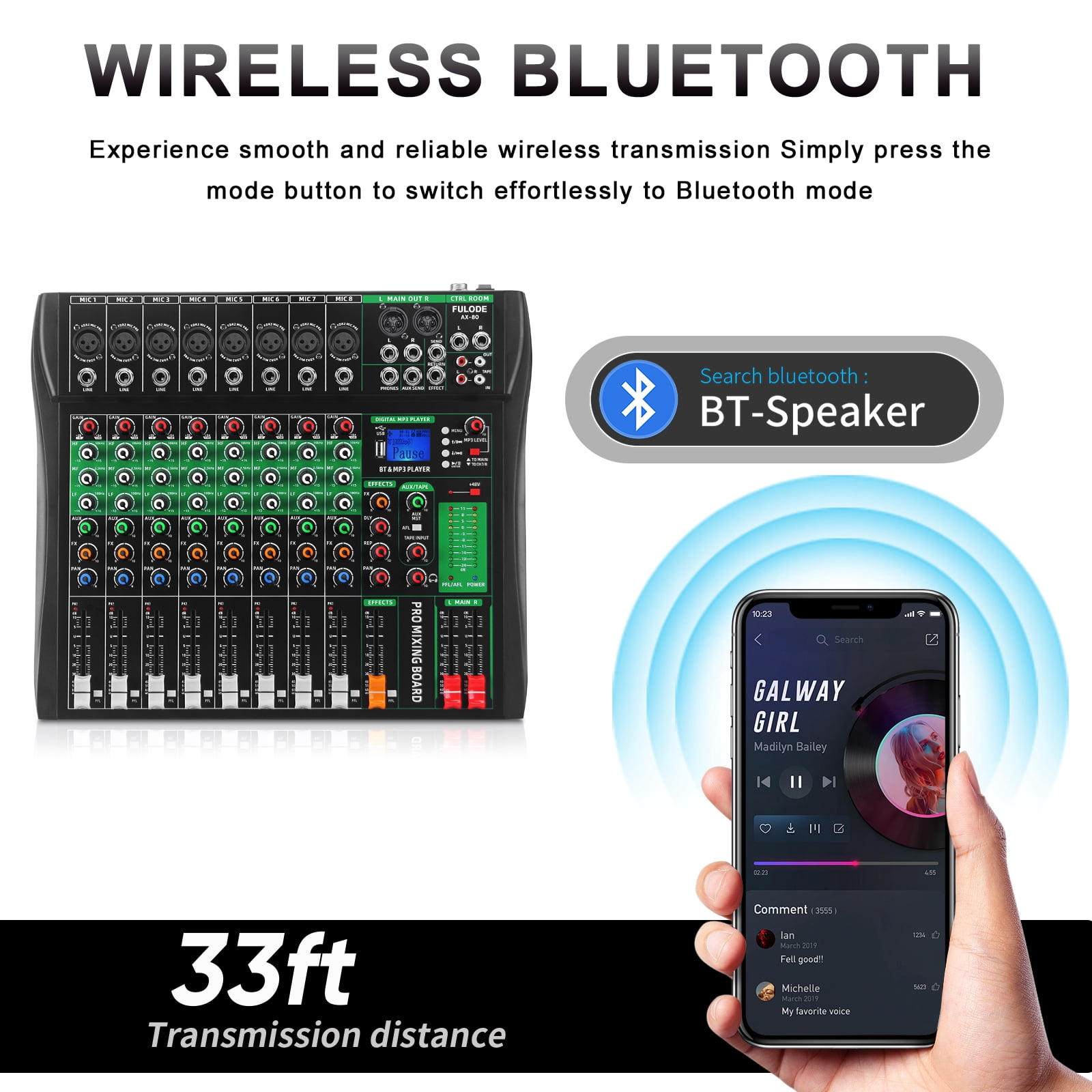 FULODE Audio Mixer 8 Channel Digital Mixer, Professional Bluetooth Sound Board DJ Mixers with 48V Phantom Power, USB Interface Stereo Mixing Console Analog Mixer for Karaoke Podcasting (AX-80)