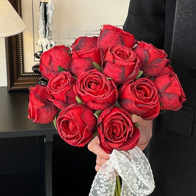 Artificial Realistic Roses Red Flowers 11" Real Touch Silk Roses Bouquet Long Stems Rose for Flower Arrangement Fake Roses Decor for Home Party Wedding Table Centerpieces Roses Realistic