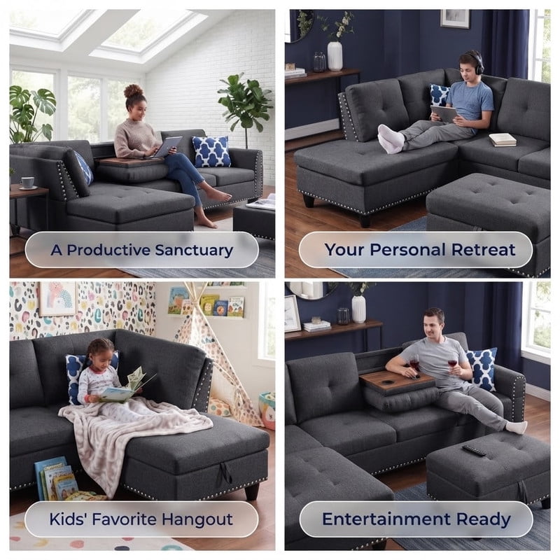 98" L-Shaped Sectional Sofa with Storage Ottoman, 4-Seat Linen Upholstered Modular Couch with Left Chaise, Drop-Down Backrest with Cup Holders, Nailhead Trim, 3-Piece Sofa Set for Living Room, Office
