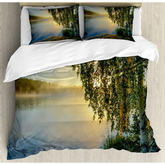 Nature Duvet Cover Set King Size, Sunny Day by Misty Lake with Tree Summer Season Horizon August Landscape, Decorative 3 Piece Bedding Set with 2 Pillow Shams, Fern Green Pale Blue, by Ambesonne
