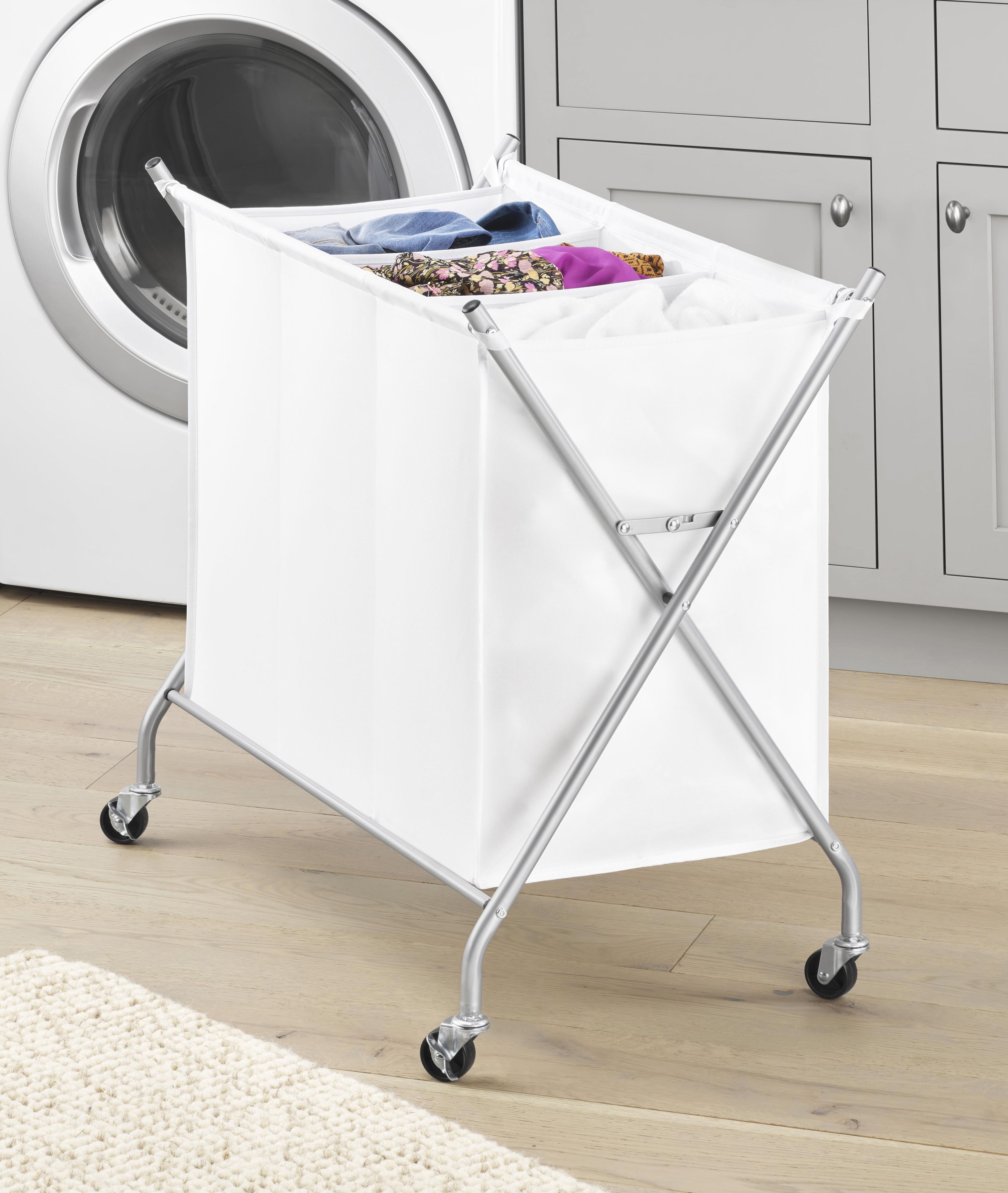 Whitmor 3-Section Rolling Laundry Sorter, Metal Frame with Fabric Laundry Bag, Silver/White