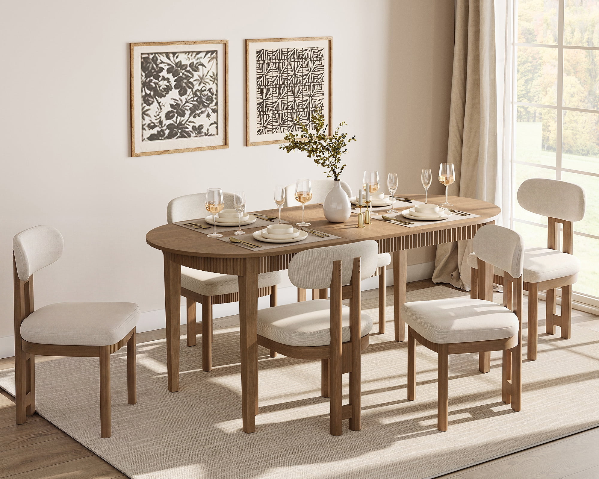7 Piece Modern Dining Table Set, 73" Solid Wood Oval Dining Table with 6 Polyester Chairs, Dining Set with Fluted Apron for Kitchen & Dining Room