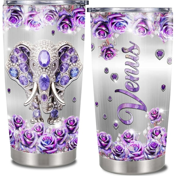 Personalized Elephant Insulated Cup Tumbler Custom Name Flower Jewelry Style Animal Coffee Travel Mug Gifts For Girls Women Elephants Lovers Birthday Christmas Mothers Day Tumblers 20oz With Lid