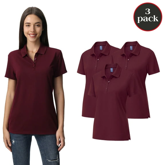 Zfeel Dry Fit Performance Women Polo T-Shirt, Poly Moisture Wicking Casual Shirt, Maroon Tee 3 Pack, Size S