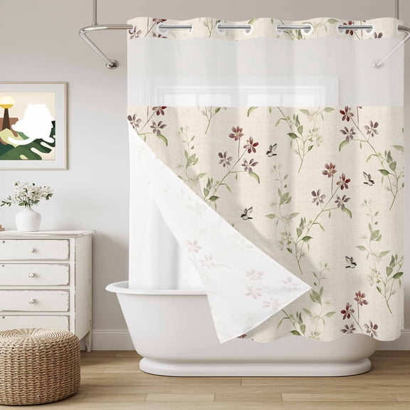 No Hook Shower Curtain with Snap in Liner, Spring Blossom Flower on Burlap Curtain Set See-Through Top Double Layers Watercolor Green Leaves Shower Curtains for Bathroom Decor, 72x72in