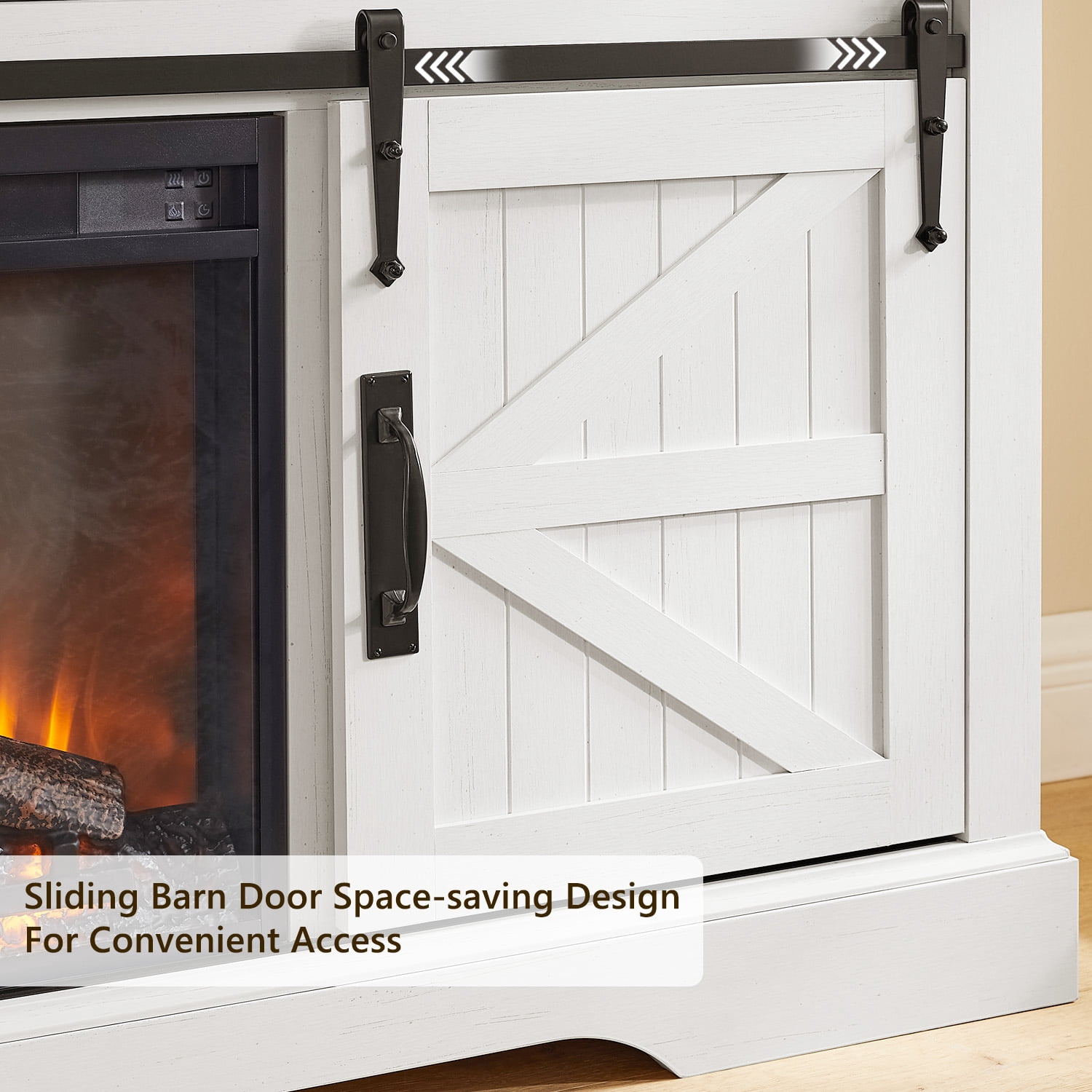KeyWhat Farmhouse Fireplace TV Stand for TVs up to 70", 24" Electric Fireplace & Barn Door