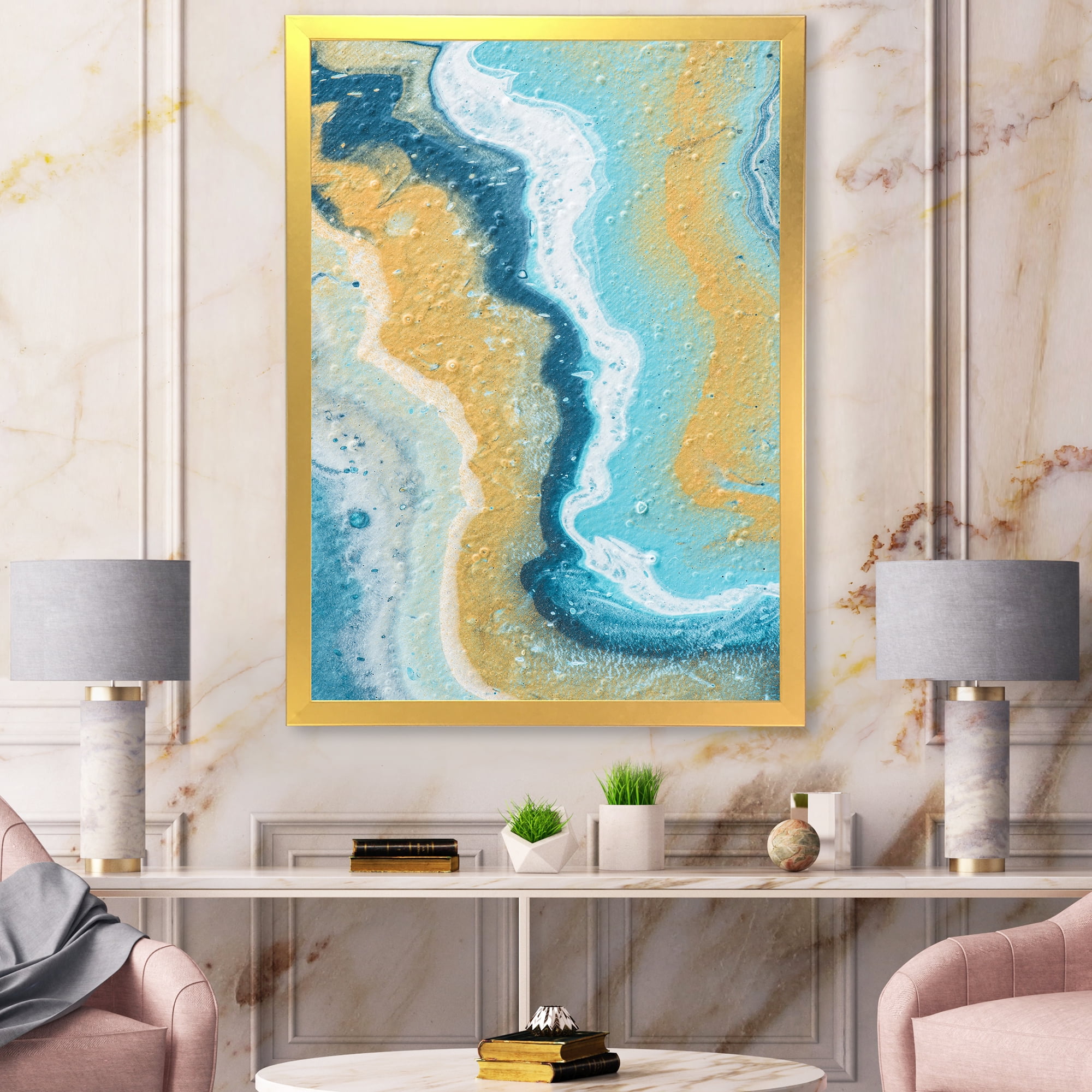 Designart 'Abstract Marble Composition In Blue and Yellow III' Modern Framed Art Print