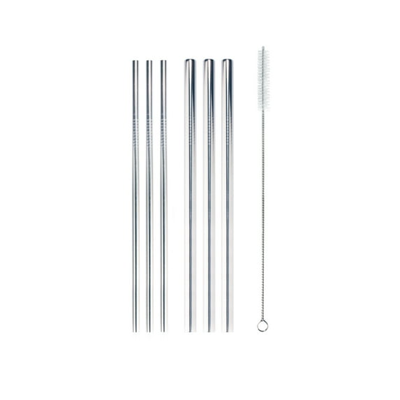 BambooMN Reusable Stainless Steel Metal Drinking Straws - 8.5" (3 Thin Straight/3 Thick Straight Straws) w/ 1x Cleaning Brush - 6 Pack