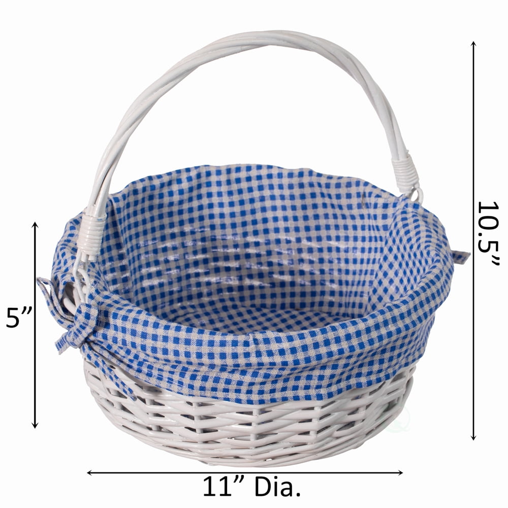 Traditional White Round Willow Gift Basket with Blue and White Gingham Liner and Sturdy Foldable Handles, Food Snacks Storage Basket, Small