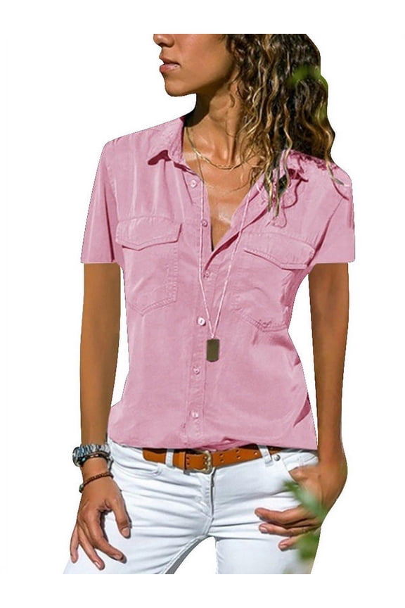 Womens Solid Color Short Sleeve Button Down T-Shirt Collared Blouse Tops