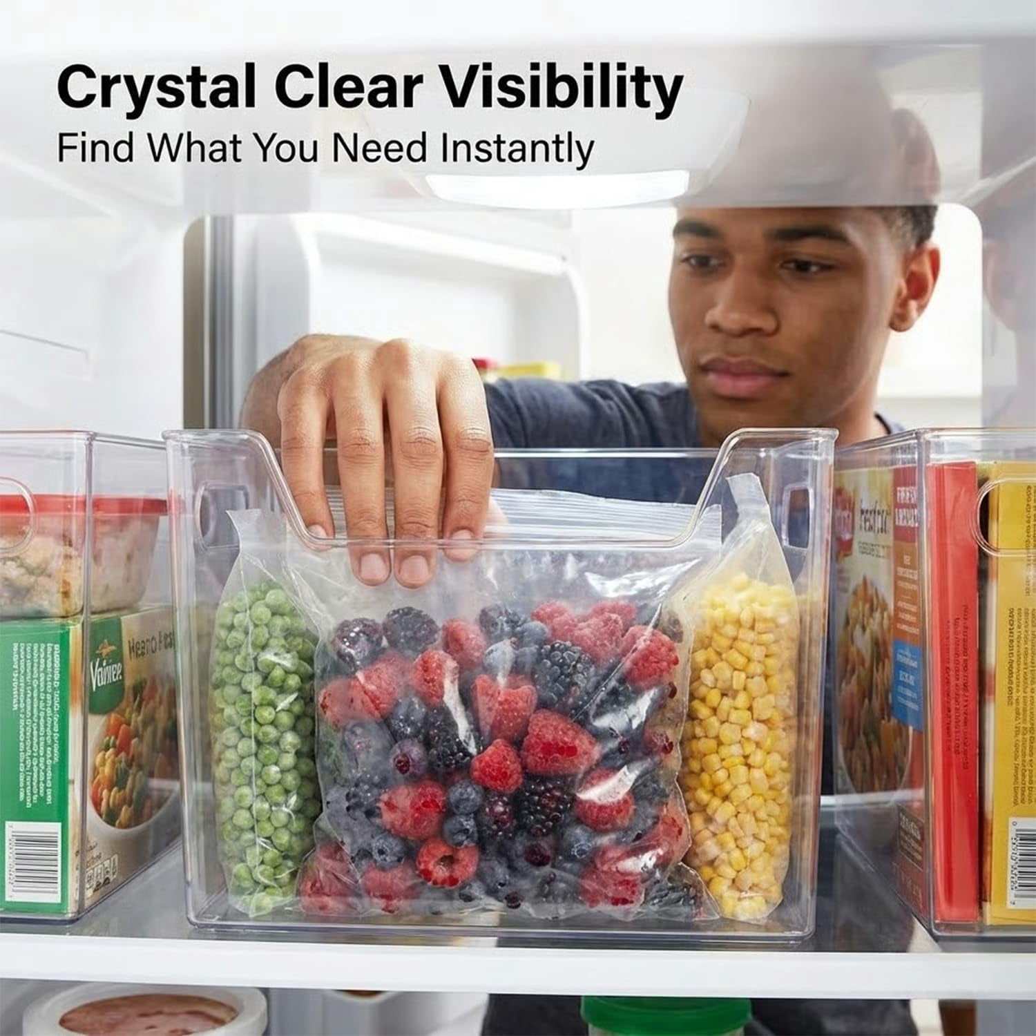 Crystal Clear Freezer Storage Bins, Stackable Fridge & Pantry Organizers with Built-in Handles, BPA-Free Containers for Produce & Meat