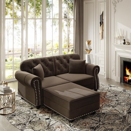 Velvet Chesterfield Loveseat Sofa with Ottoman Button Tufted 2-Seater Couch with Rolled Arms and Nailhead Trim Upholstered Living Room Sofa with Solid Wood Legs Brown