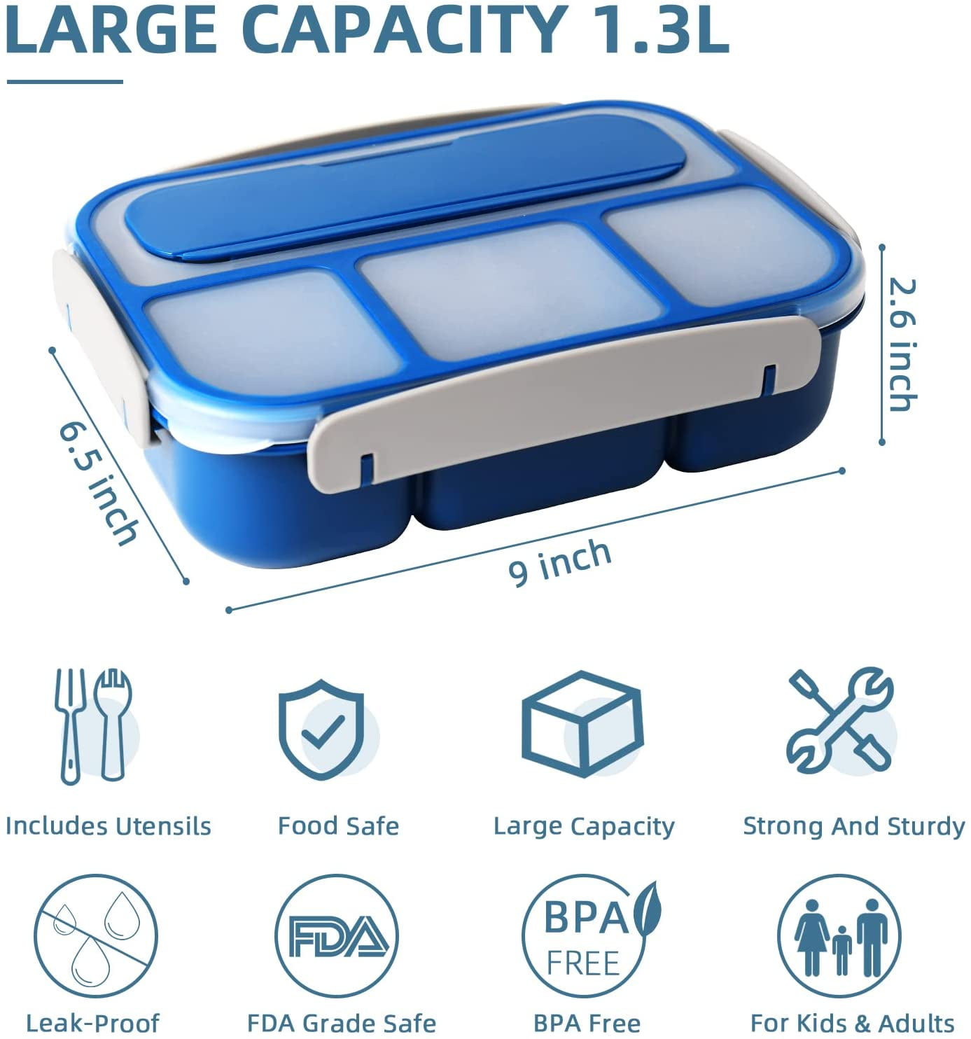  XIANKE 27Pcs Bento Box Lunch Box Kit, 1300ML Lunch Container  for Kids/Adults, Durable Leak-proof Box 4 Compartments with Spoon Fork Bag  Accessories, Microwave Dishwasher Freezer Safe,BPA-Free: Home & Kitchen