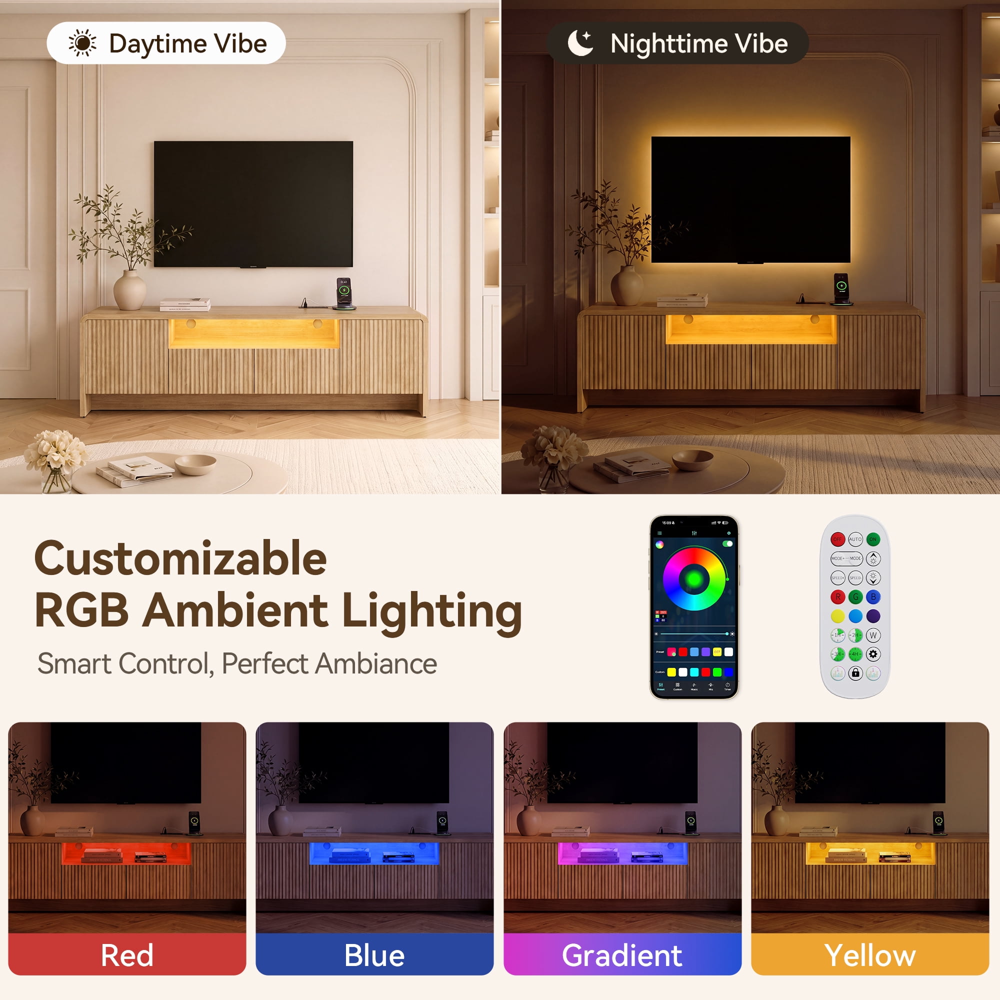 Lacoo 70 Inch Fluted TV Stand for 55-75 Inch TVs, Entertainment Center with Charging Station and RGB LED Lights, Media Console with 2 Drawers and Storage Cabinets for Living Room, Natural